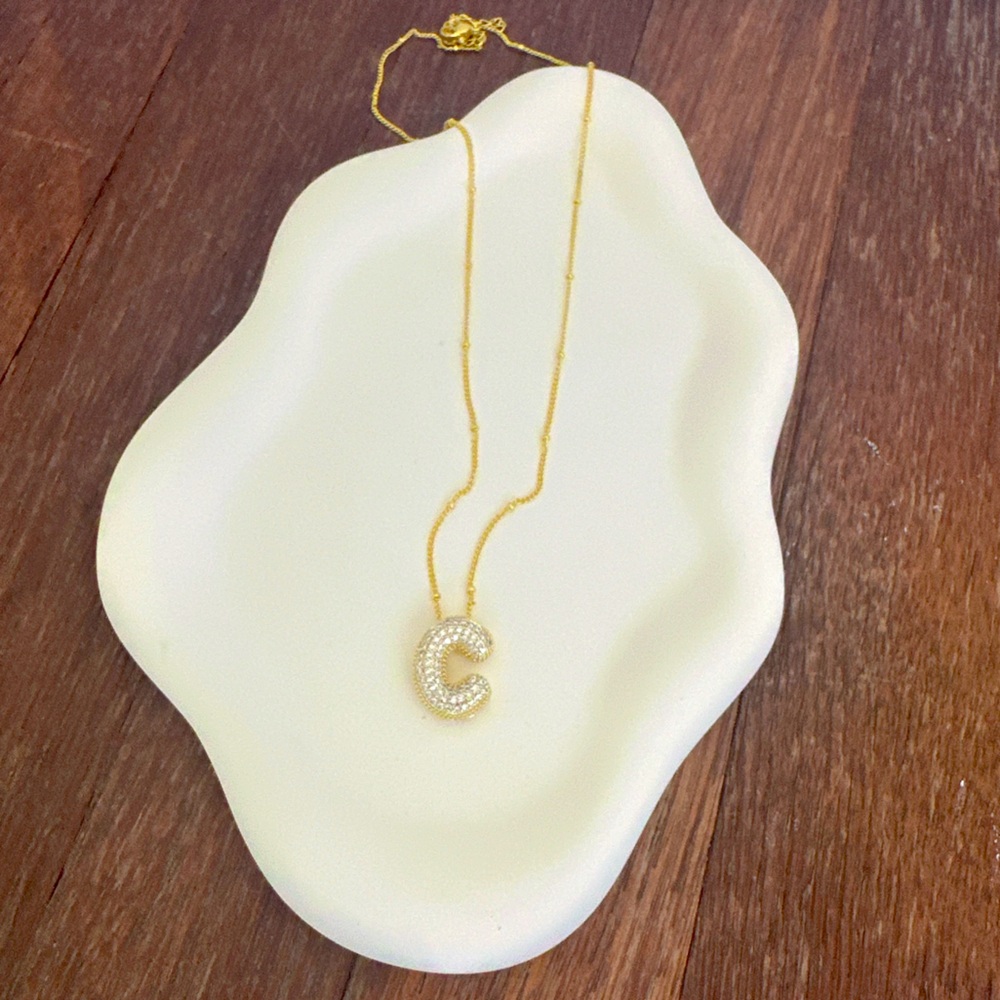 18K Gold Plated Initial C Pendant Bubble Balloon Bling Letter Necklace Minimalis